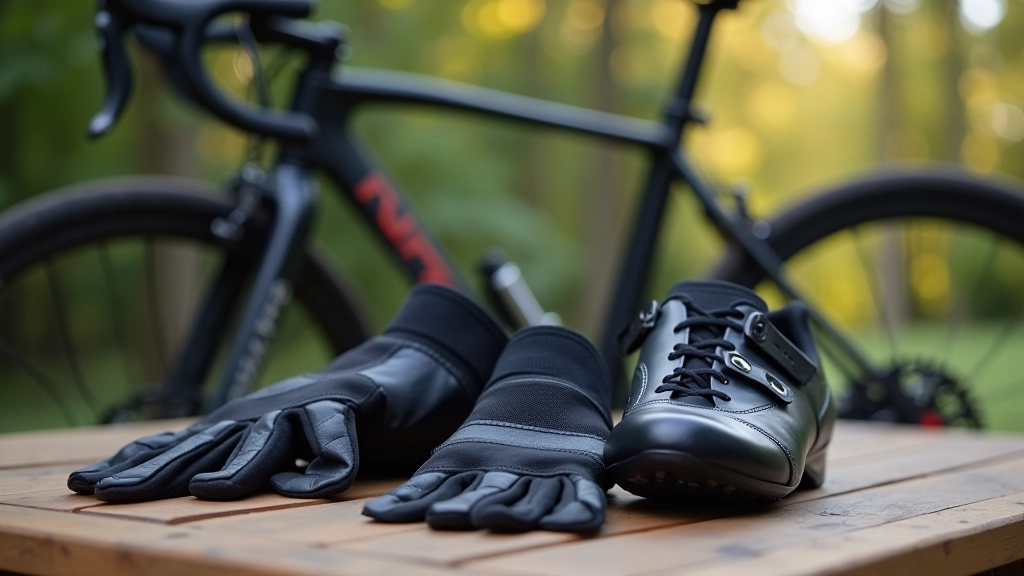 Cyklistické rukavice a sportovní boty umístěné vedle kola