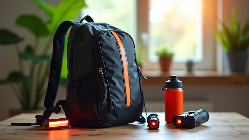 Cyklistický batoh s reflexními prvky a LED světly na stole