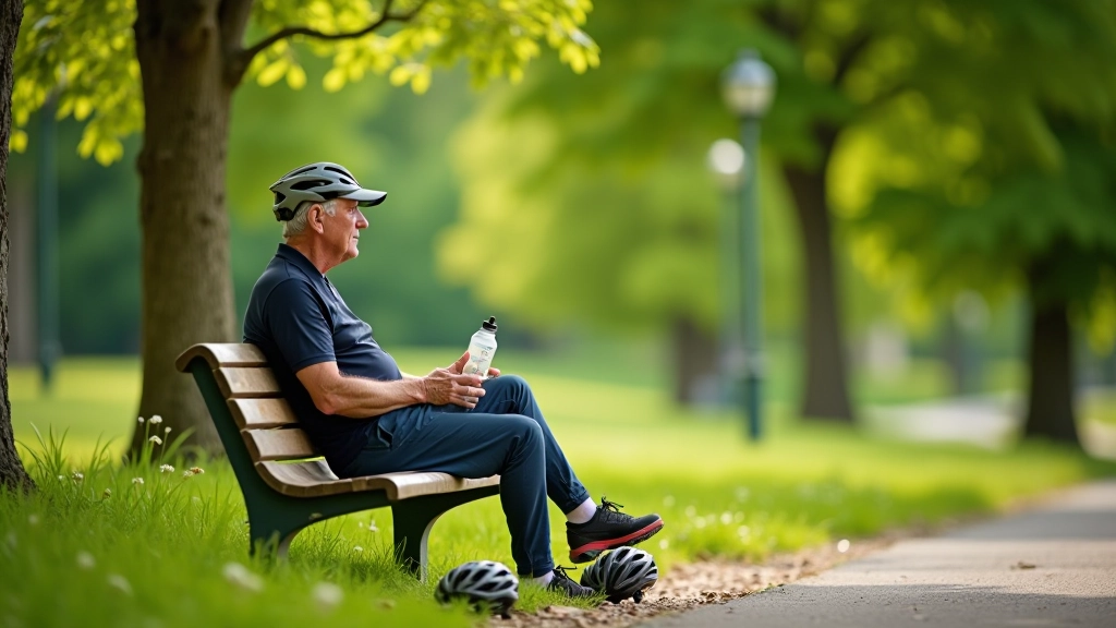 Senior na kole odpočívající v parku s hůlkou a lahví vody